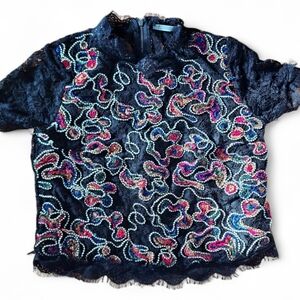 Zara Black Embroidered Lace Top Short Sleeve Size M